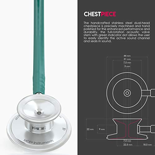 MDF Instruments أدوات MDF، سماعة طبية خفيفة الوزن من أكوستيكا للأطباء والممرضين والطلاب والاستخدام المنزلي، للبالغين، رأس مزدوج، أنبوب داكن أخضر، رأس سماعة فضي - MDF747XP09 - Image 4