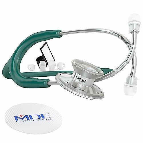 MDF Instruments أدوات MDF، سماعة طبية خفيفة الوزن من أكوستيكا للأطباء والممرضين والطلاب والاستخدام المنزلي، للبالغين، رأس مزدوج، أنبوب داكن أخضر، رأس سماعة فضي - MDF747XP09 - Image 1
