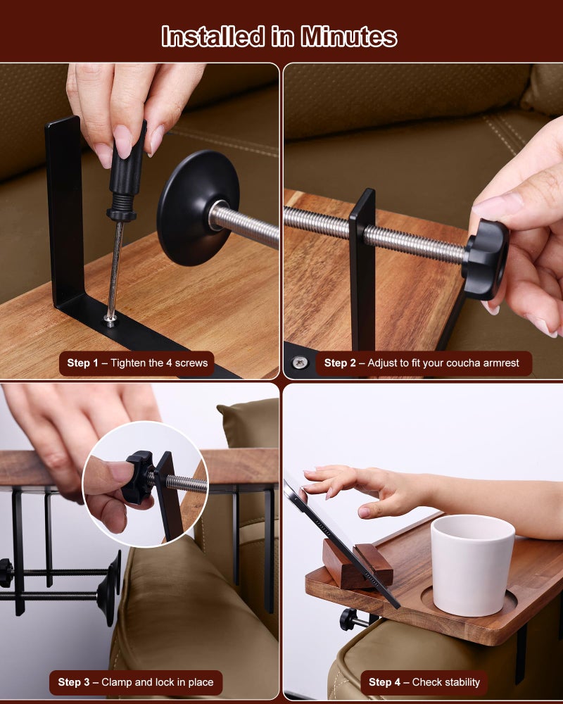 Hitseon Couch Armrest Table, Acacia Wood Sofa Arm Tray with Adjustable Metal Clamp, Sofa TV Tray with Rotating Phone Holder for Snacks Drink Remotes, Include Black Coaster - Image 4