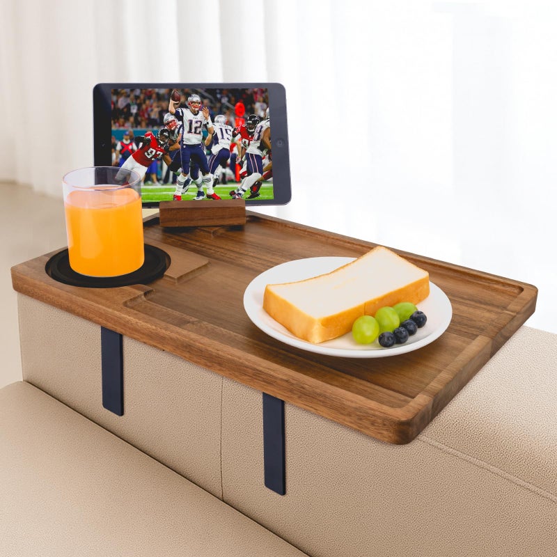 Hitseon Couch Armrest Table, Acacia Wood Sofa Arm Tray with Adjustable Metal Clamp, Sofa TV Tray with Rotating Phone Holder for Snacks Drink Remotes, Include Black Coaster - Image 1
