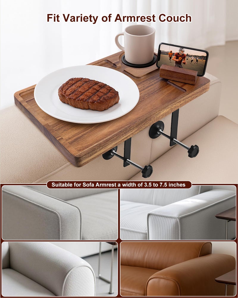Hitseon Couch Armrest Table, Acacia Wood Sofa Arm Tray with Adjustable Metal Clamp, Sofa TV Tray with Rotating Phone Holder for Snacks Drink Remotes, Include Black Coaster - Image 3