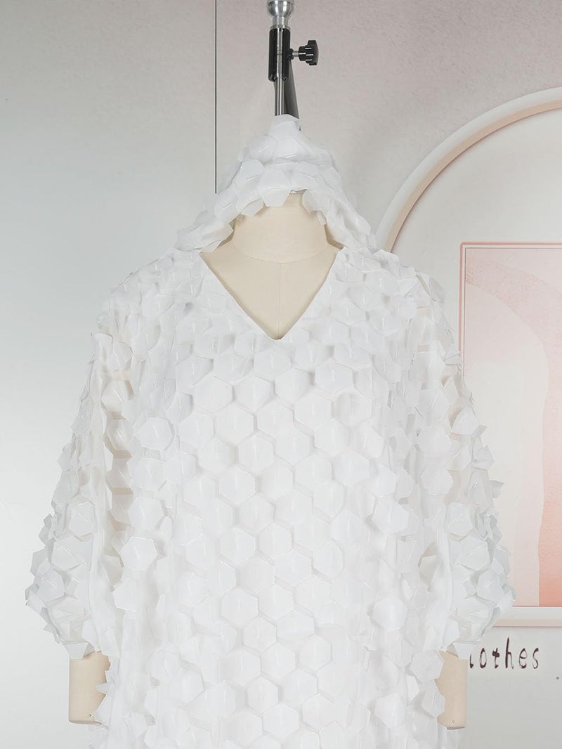 HD Afircan Women's Diamond Pattern Applique Dress One Size White Caftan Chiffon Gown with Headwrap - Image 2