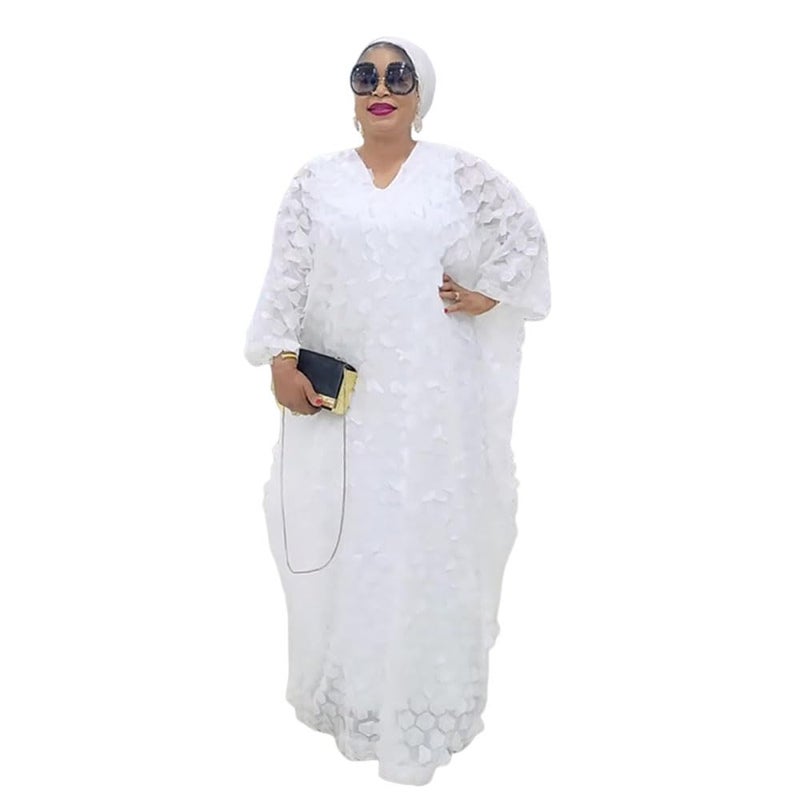 HD Afircan Women's Diamond Pattern Applique Dress One Size White Caftan Chiffon Gown with Headwrap - Image 1