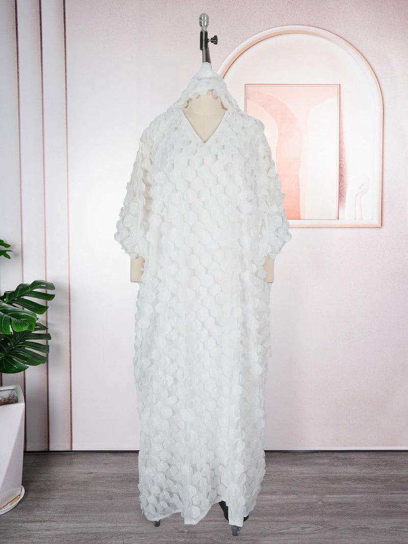 HD Afircan Women's Diamond Pattern Applique Dress One Size White Caftan Chiffon Gown with Headwrap - Image 3