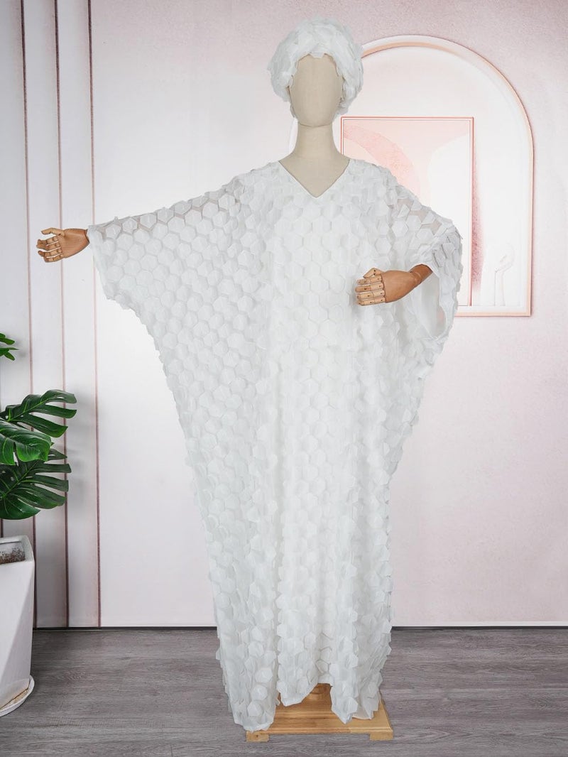 HD Afircan Women's Diamond Pattern Applique Dress One Size White Caftan Chiffon Gown with Headwrap - Image 5