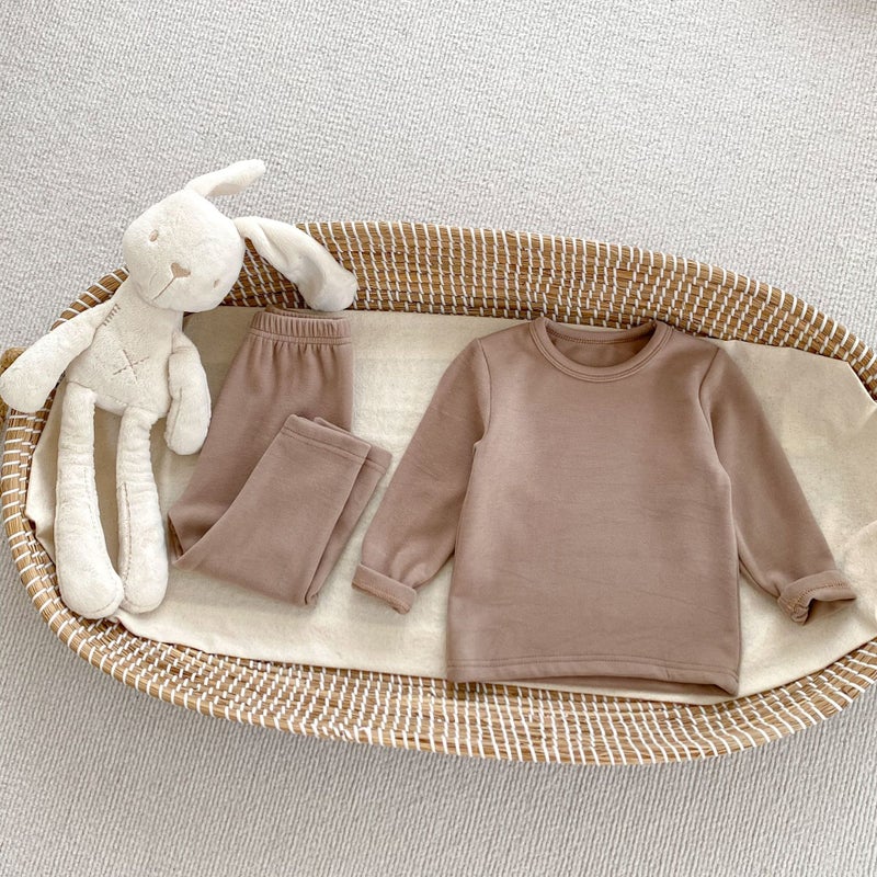 Autumn and Winter New Childrens Ginger Warm Velvet Suit Solid Color Simple Warm Velvet Base Shirt Baby Home Clothes Two-piece Set Mocha gray - Image 1