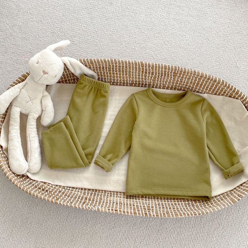 Autumn and Winter New Childrens Ginger Warm Velvet Suit Solid Color Simple Warm Velvet Base Shirt Baby Home Clothes Two-piece Set Mocha gray - Image 2