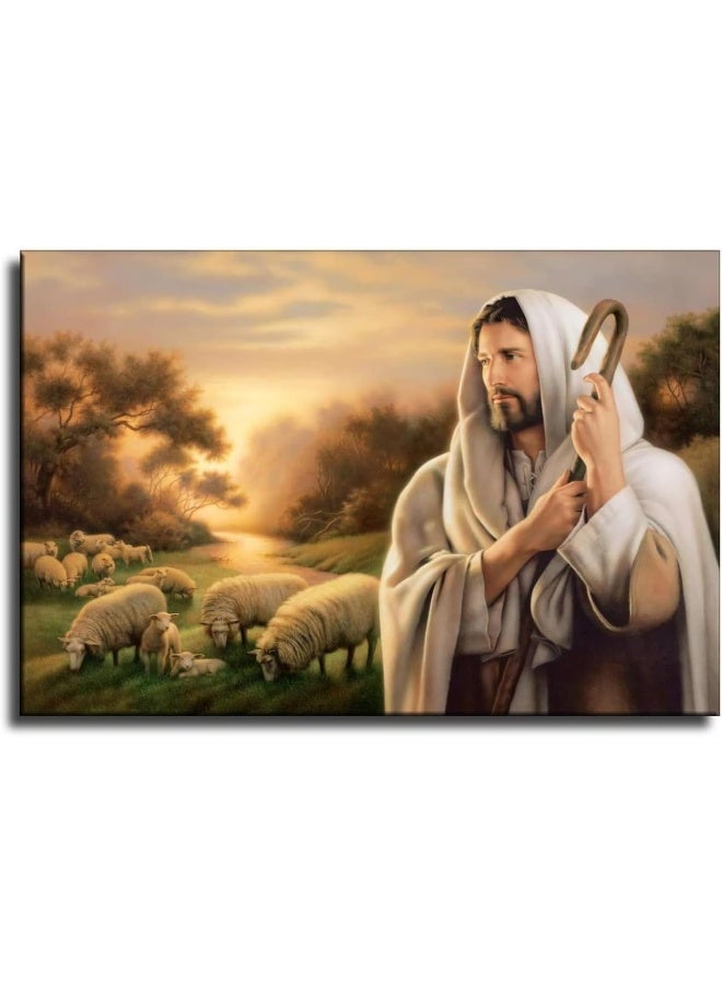 FireDeer Catholic Jesus Poster Print On Canvas Painting Christian God Pictures for Living Room No Frame (Jesus and Sheep,24x36inch) - Image 1