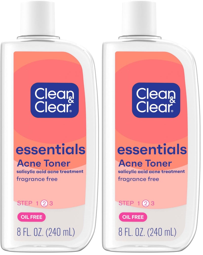 Clean & Clear Essentials Oil-Free Acne Toner, 2% Salicylic Acid Acne Treatment, Gentle Facial Toner for Pimples Cleanses Pores to Clear & Remove Blackheads, Fragrance Free, 8 fl. oz (Pack of 2) - Image 1