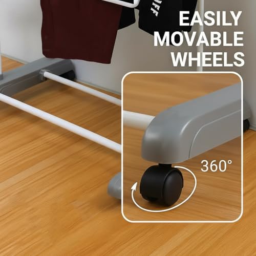 FLIPZON Premium Clothes Stand for Drying with Wheels | Portable | 2 Layer Rack for Balcony | Foldable Wings | 14 Hanger Rods | Alloy Steel & Plastic (White & Grey) - Image 3