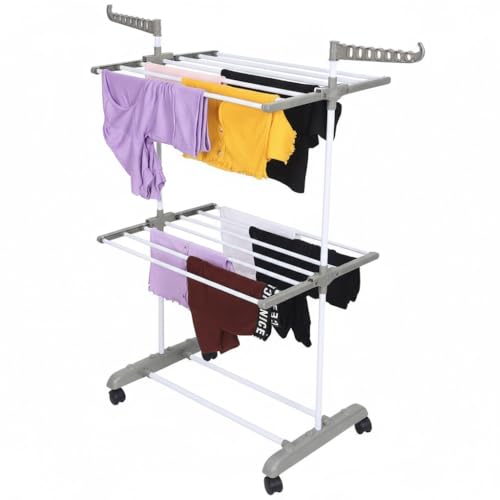 FLIPZON Premium Clothes Stand for Drying with Wheels | Portable | 2 Layer Rack for Balcony | Foldable Wings | 14 Hanger Rods | Alloy Steel & Plastic (White & Grey) - Image 1
