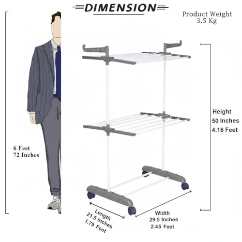 FLIPZON Premium Clothes Stand for Drying with Wheels | Portable | 2 Layer Rack for Balcony | Foldable Wings | 14 Hanger Rods | Alloy Steel & Plastic (White & Grey) - Image 2