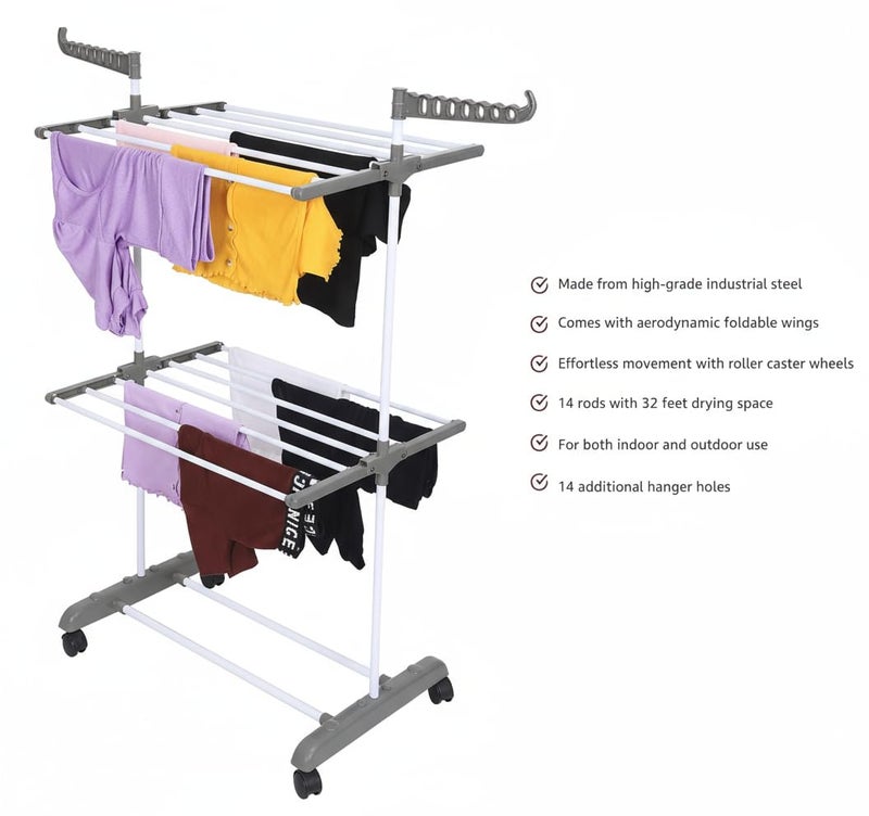 FLIPZON Premium Clothes Stand for Drying with Wheels | Portable | 2 Layer Rack for Balcony | Foldable Wings | 14 Hanger Rods | Alloy Steel & Plastic (White & Grey) - Image 4