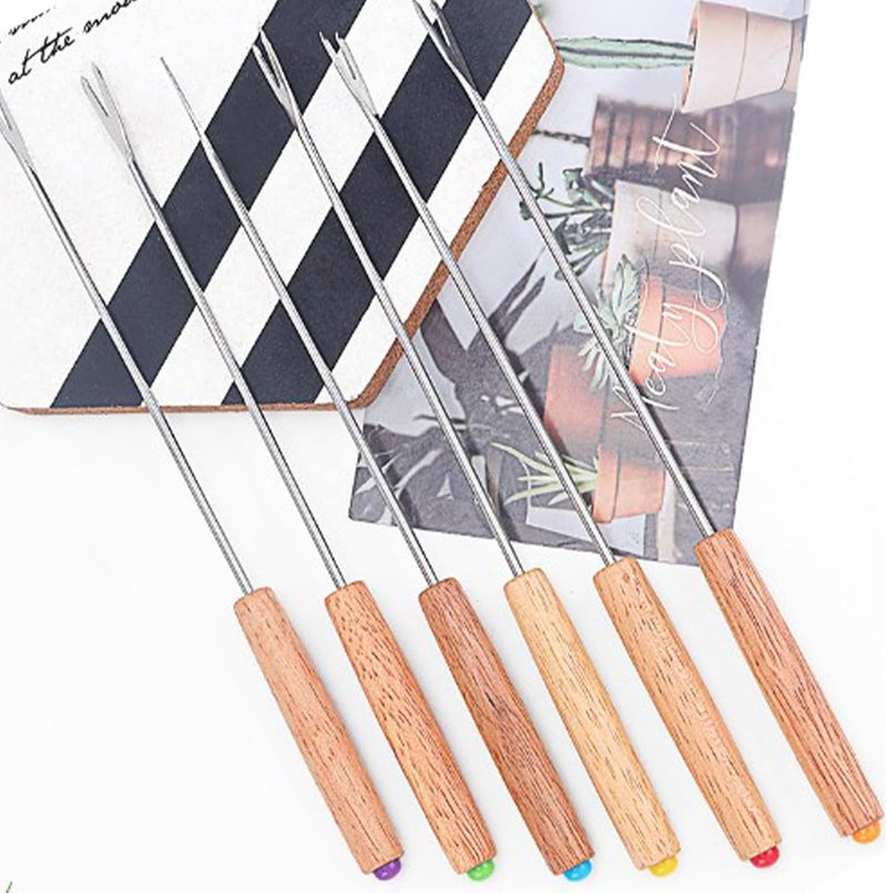 Tyenaza 6Pcs Fondue Forks, Stainless Steel Cheese Fondue Sticks Multifunctional Wooden Handle Fondue Fork for Fruit Cheese Fondue Chocolate Fountain - Image 2