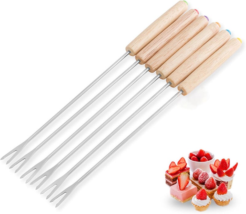 Tyenaza 6Pcs Fondue Forks, Stainless Steel Cheese Fondue Sticks Multifunctional Wooden Handle Fondue Fork for Fruit Cheese Fondue Chocolate Fountain - Image 3