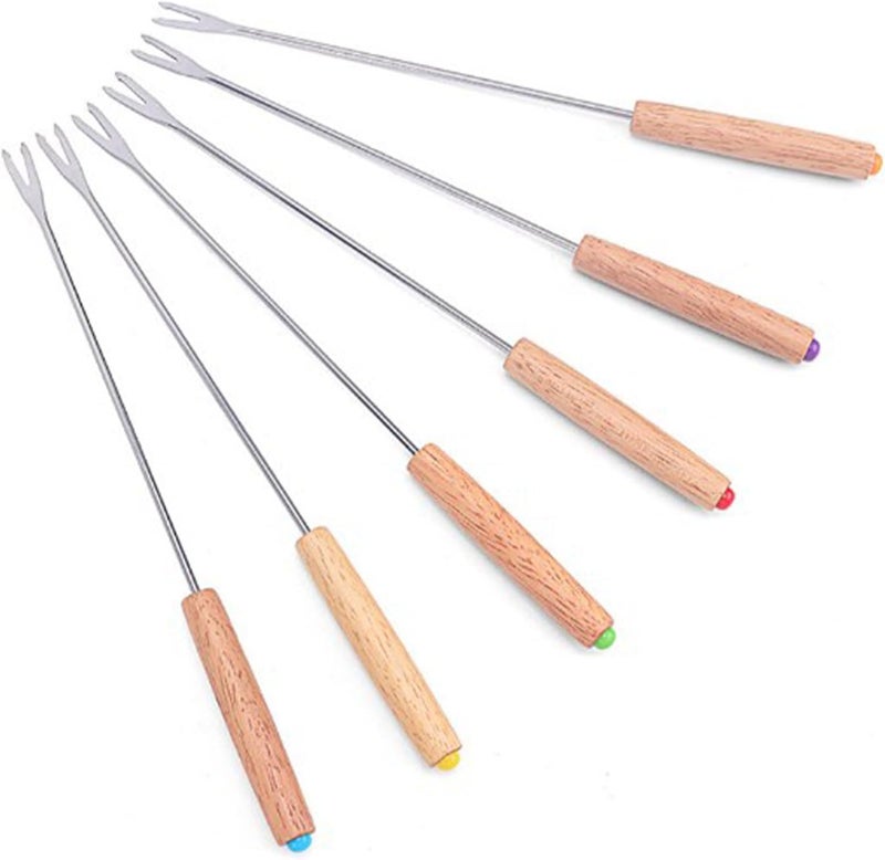 Tyenaza 6Pcs Fondue Forks, Stainless Steel Cheese Fondue Sticks Multifunctional Wooden Handle Fondue Fork for Fruit Cheese Fondue Chocolate Fountain - Image 1