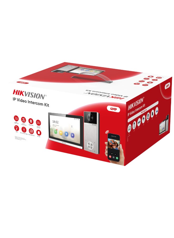 HIKVISION DS-KIS611-S IP Video Intercom Kit – 4MP Outdoor Door Station, 150° Wide Angle, 7" Indoor Monitor, Wi-Fi 6 & PoE, IR Night Vision (3m), IP65 Weatherproof, 2-Way Audio, Card/Bluetooth/App Unlock, 128GB TF Support, Dual Lock Control Black/Silver - Image 1