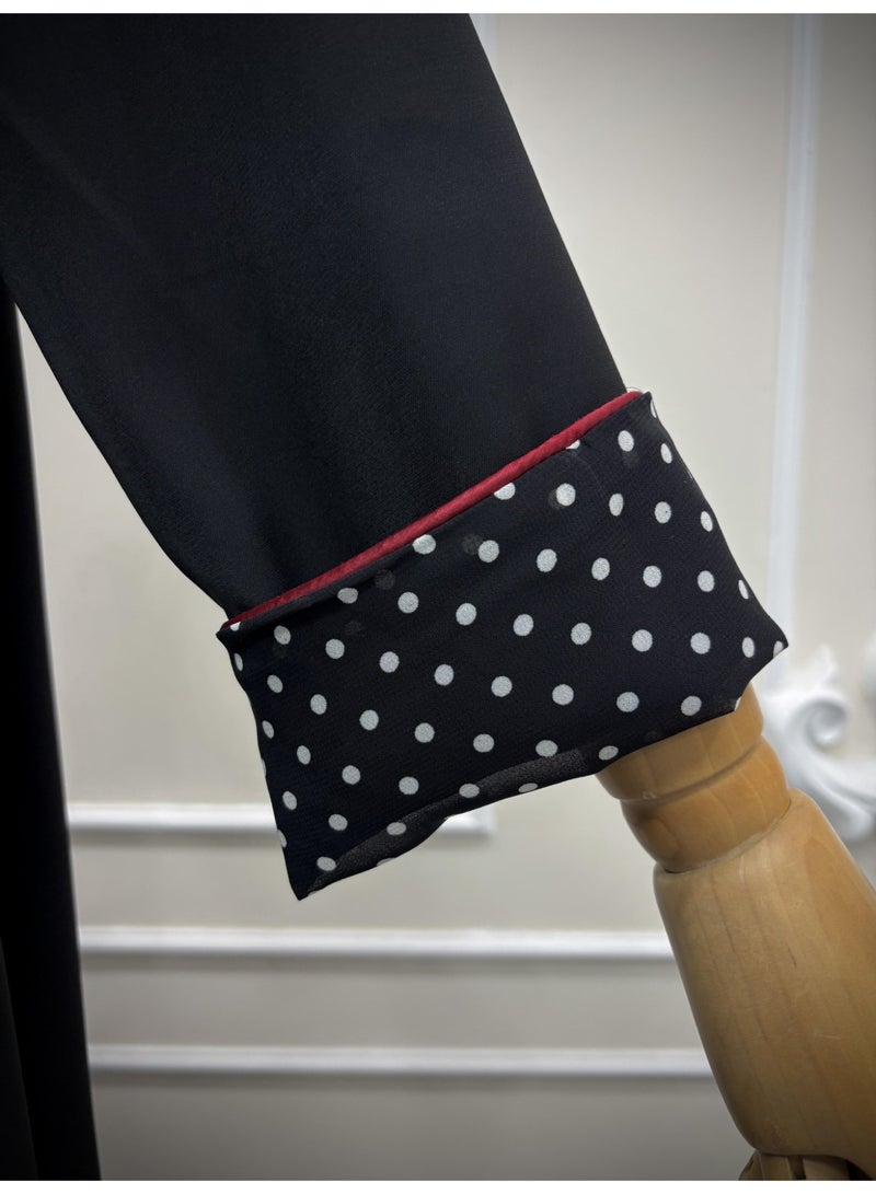 Women Black Open Abaya Set, Loose Flared Maxi Chiffon Cardigan With Polka Dot Hijab - Image 5