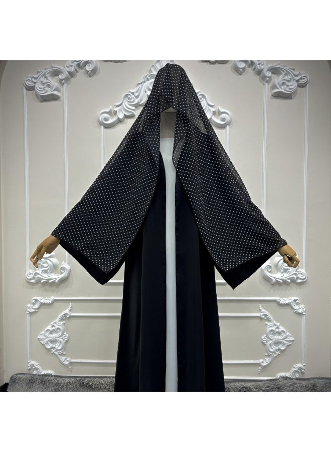 Women Black Open Abaya Set, Loose Flared Maxi Chiffon Cardigan With Polka Dot Hijab - Image 3