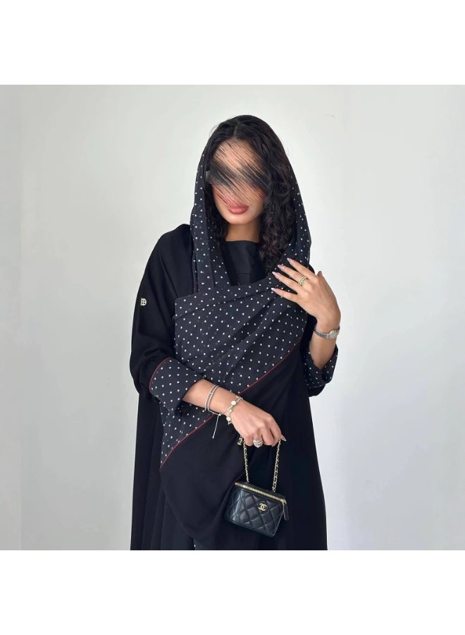 Women Black Open Abaya Set, Loose Flared Maxi Chiffon Cardigan With Polka Dot Hijab - Image 2