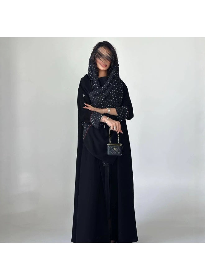 Women Black Open Abaya Set, Loose Flared Maxi Chiffon Cardigan With Polka Dot Hijab - Image 1