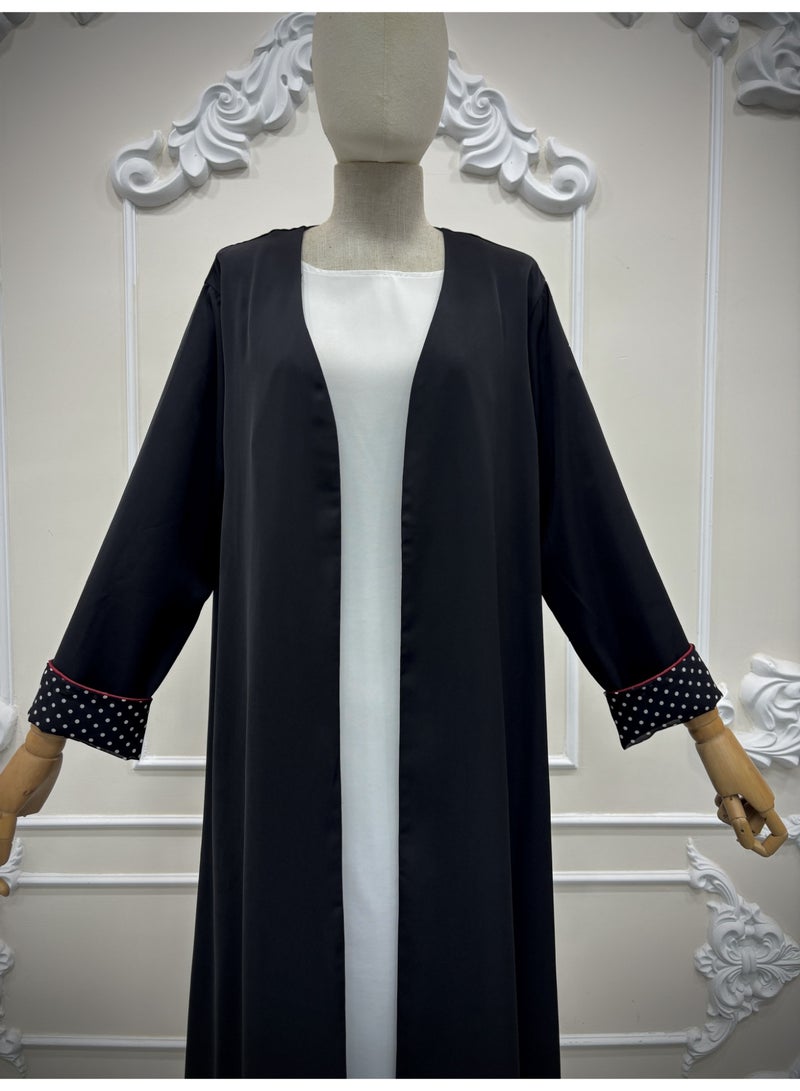 Women Black Open Abaya Set, Loose Flared Maxi Chiffon Cardigan With Polka Dot Hijab - Image 4