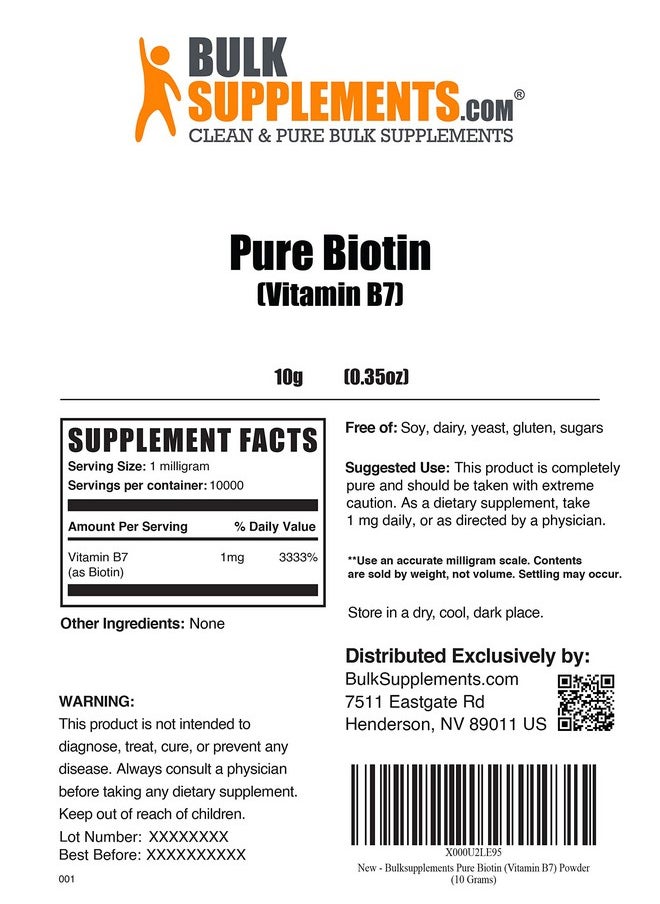 BulkSupplements مسحوق البيوتين النقي (فيتامين ب7) فيتامينات البيوتين للشعر والبشرة والأظافر، بيوتين نباتي لنمو الأظافر، فيتامينات البشرة، فيتامينات الشعر والأظافر للنساء (10 جرام، 0.35 أونصة)  - Image 3