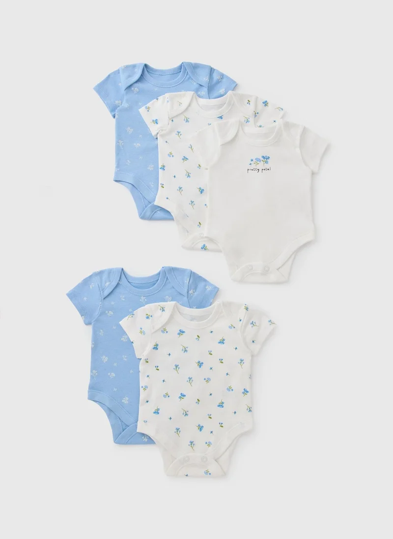 Matalan 5 Pack Baby Blue Floral Bodysuits