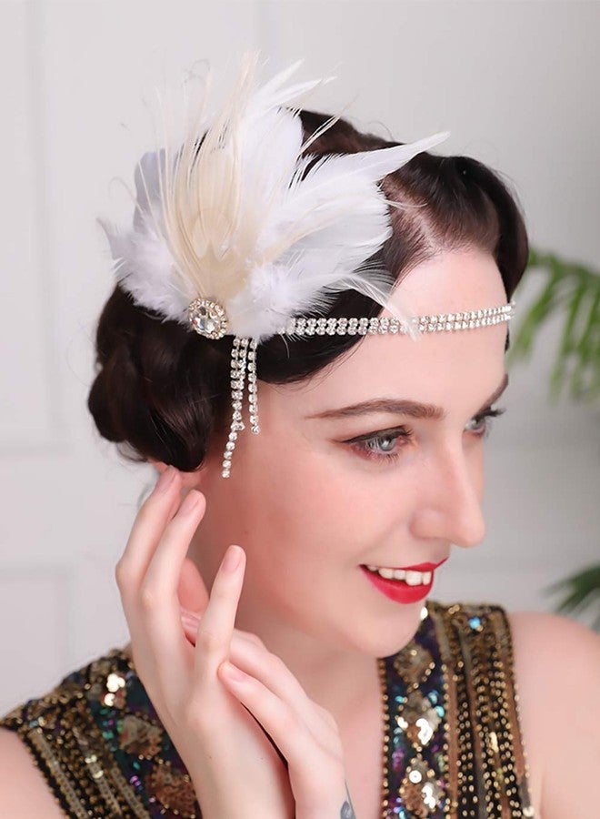 Aimimier Bridal 1920s Flapper Feather Headband White Feather Hair Clip with Crystal Tassel Head Chain Roaring 20s Headpiece Prom Party Festival Hair Jewelry for Women (Style 1) - Image 1