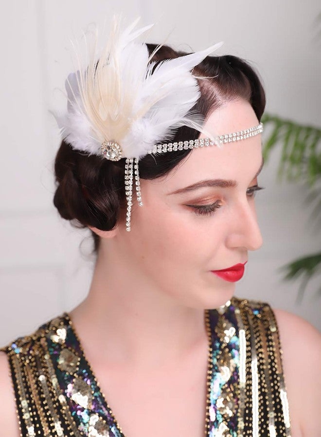 Aimimier Bridal 1920s Flapper Feather Headband White Feather Hair Clip with Crystal Tassel Head Chain Roaring 20s Headpiece Prom Party Festival Hair Jewelry for Women (Style 1) - Image 3
