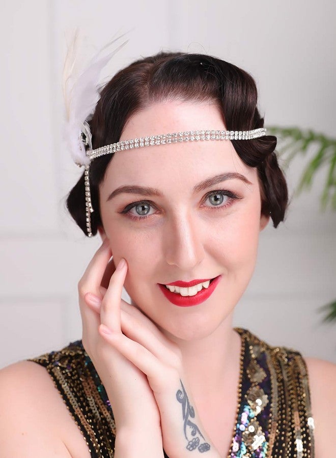 Aimimier Bridal 1920s Flapper Feather Headband White Feather Hair Clip with Crystal Tassel Head Chain Roaring 20s Headpiece Prom Party Festival Hair Jewelry for Women (Style 1) - Image 4