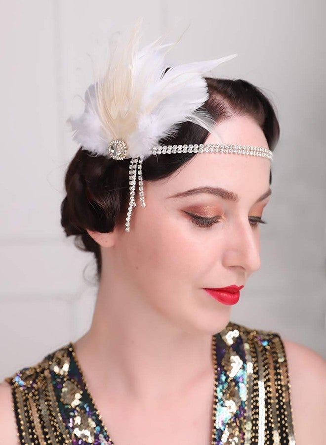 Aimimier Bridal 1920s Flapper Feather Headband White Feather Hair Clip with Crystal Tassel Head Chain Roaring 20s Headpiece Prom Party Festival Hair Jewelry for Women (Style 1) - Image 5