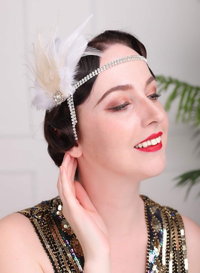 Aimimier Bridal 1920s Flapper Feather Headband White Feather Hair Clip with Crystal Tassel Head Chain Roaring 20s Headpiece Prom Party Festival Hair Jewelry for Women (Style 1) - Image 2