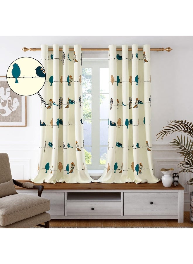 Story@Home - Story@Home 152 Cm 100% Cotton Canvas Fabric Birds Pattern Light Filtering Grommet Window Curtain, White & Mustard, Pack Of 2 - Image 1