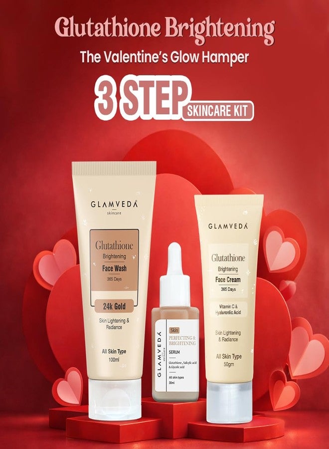 Glamveda Glutathione 3 Step Valentine Skincare Gift Set for Women | Skin Brightening Face Wash, Serum & Cream | Dark Spots Removal & Glow Boosting Routine | Valentine Day Gift Hamper for Her - Image 1