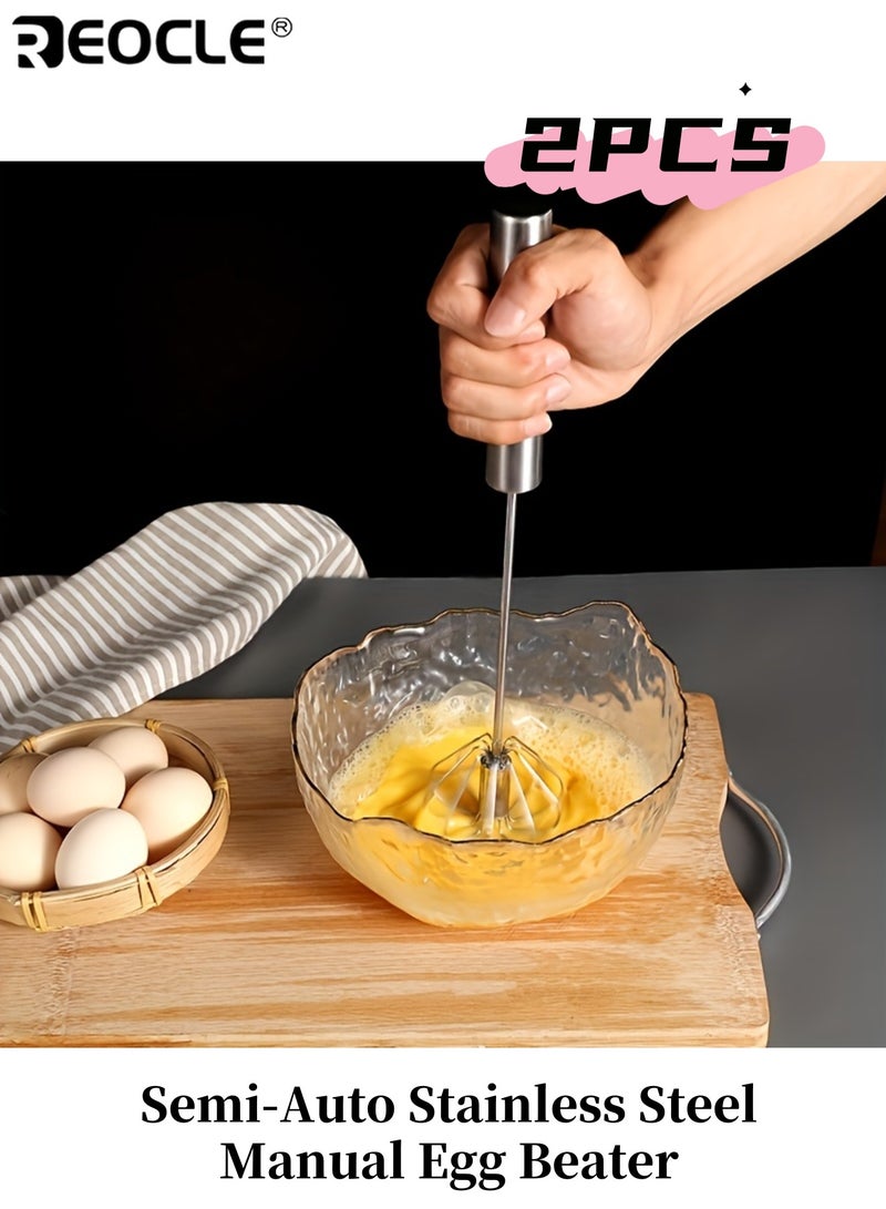 REOCLE 2pcs Semi-Auto Stainless Steel Manual Egg Beater Hand Mixer Attachments Durable Handheld Kitchen Mixer for Eggs Cream Perfect for Baking - Image 1