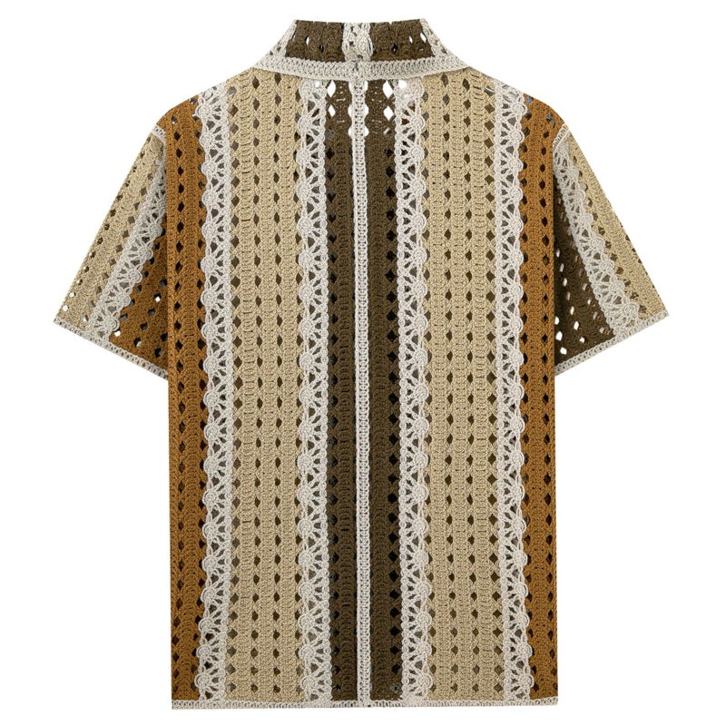 Men's Striped Short Sleeve Knit Polo Shirt - Lightweight, Hollow Out, Acrylic - Image 3