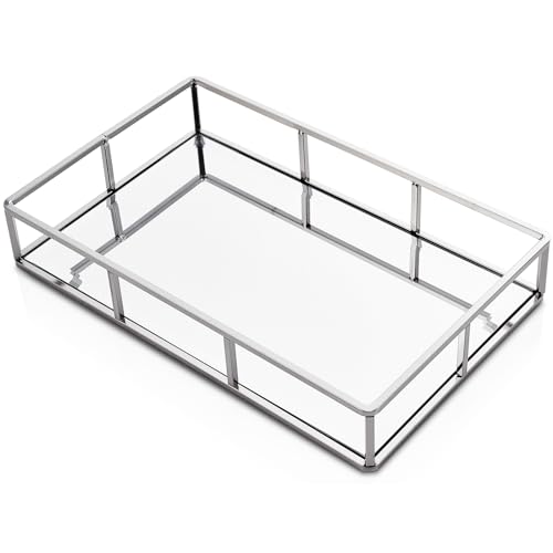 PuTwo Mirror Tray, Silver Perfume Tray, Decorative Tray, Metal Vanity Tray, Jewelry Tray, Decorative Trays, Glass Tray, Perfume Organizer, Vanity Trays for Bathroom, Counter, Bathroom - Image 1