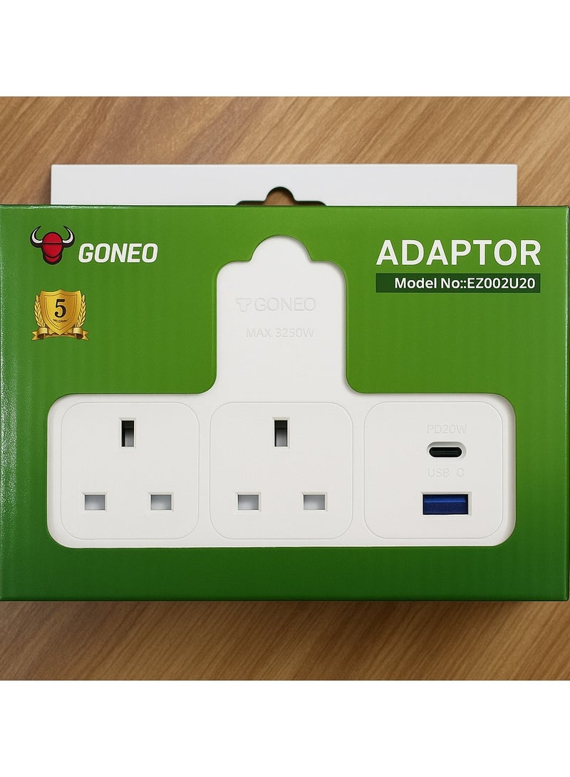 جونيو محول جداري GONEO ثلاثي المنافذ + USB A & USB-C – موديل EZ002U20، شحن سريع، حماية أمان، هيكل متين، طاقة حتى 13 أمبير - Image 1