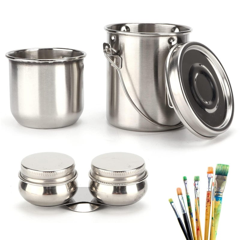 Stainless Steel LeakProof Paint Brush Washer with with Lid and Filter Screen Portable Brush Cleaner for Painting Paint Brush Holder Paint Brush Cleaner Tool Metal Brush Washer for Oil Painting