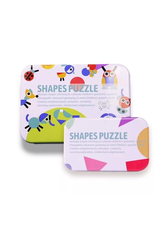 Iron Box Geometric Shape Puzzle Board Children's Intelligence Seven-piece Puzzle Fun Shape Animal Wooden Toy-Color:XHN-shape Puzzle B Car - Image 1