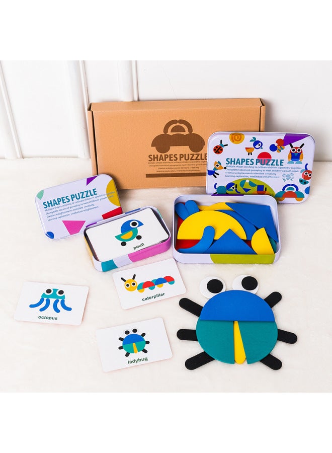 Iron Box Geometric Shape Puzzle Board Children's Intelligence Seven-piece Puzzle Fun Shape Animal Wooden Toy-Color:XHN-shape Puzzle B Car - Image 2