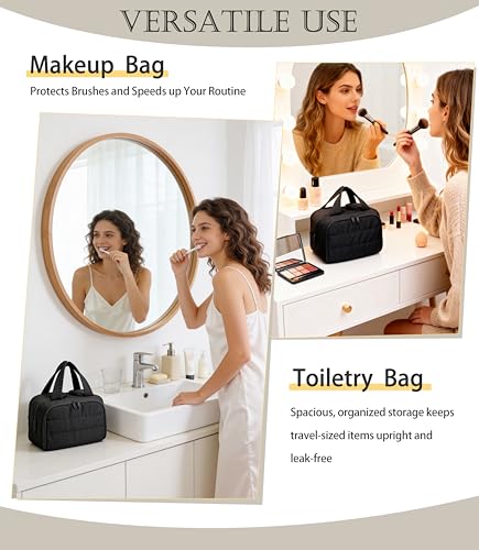 BUZFOWU Travel Toiletry Bag for Women, Large Wide-open Puffy Cosmetic Makeup Bag with Wet-Dry Separation, Multi-Pocket Organizer with Carry Handle for Toiletries, Cosmetics, Essentials, Black - Image 2