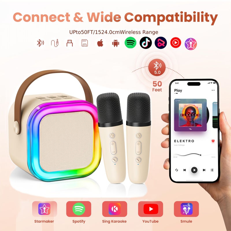 Beige Portable Mini Karaoke Machine Bluetooth Speaker With 2 Wireless Microphones Long Battery Life High Quality Sound Multiple Colors Gift - Image 1