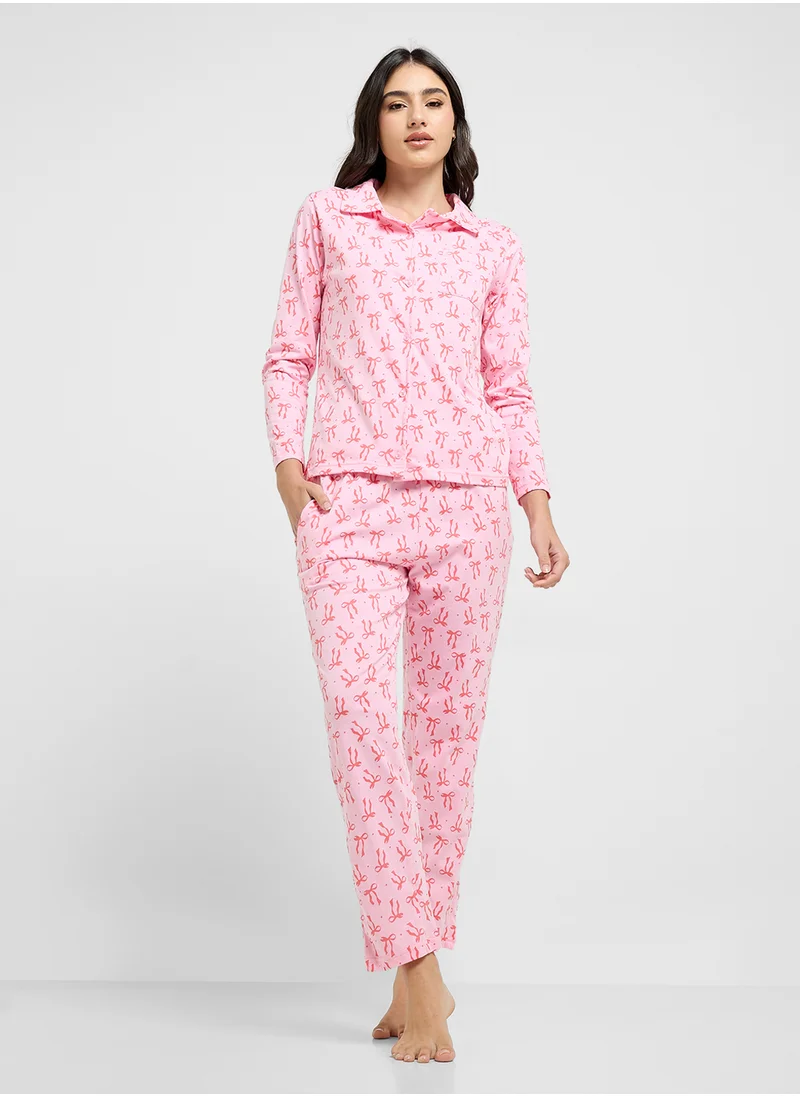 جينجر Bow Print Heart Print Shirt & Pyjama Set