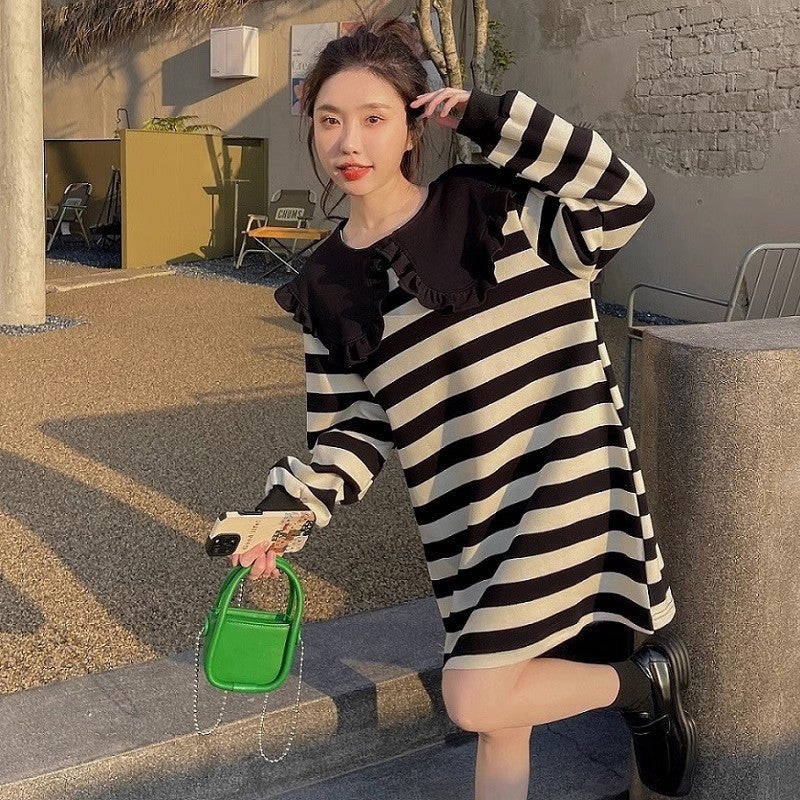 Chubby Girl 1.00 kg-150.00 kg spring and autumn doll collar striped fashion sweater dress new loose plus size long sleeve dress Picture color