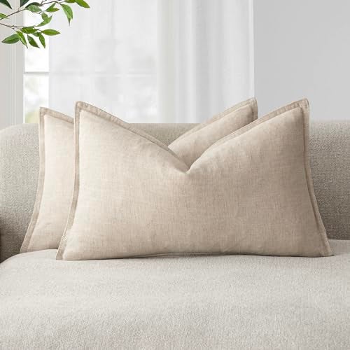 Foindtower Pack of 2 Decorative Linen Soild Throw Pillow Covers Soft Accent Lumbar Cushion Case Boho Farmhouse Neutral Pillowcase for Couch Sofa Bed Living Room Home Decor 12 x 20 Inch Natural Beige