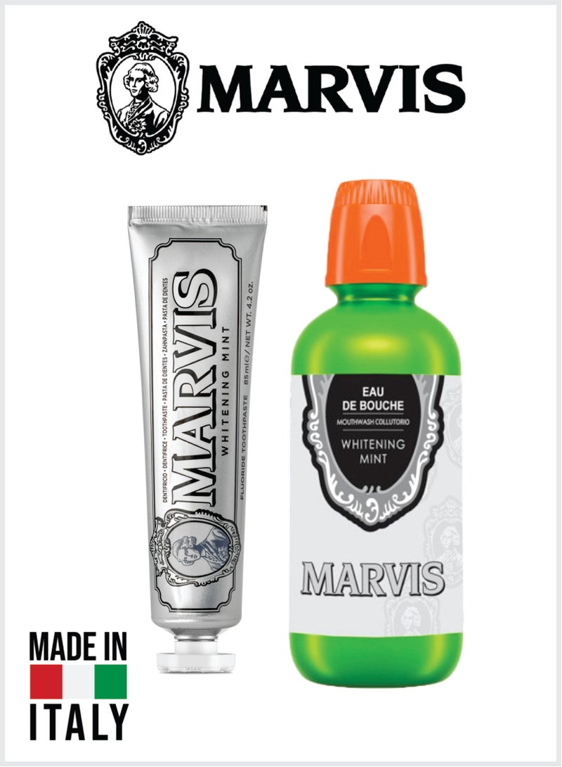 Marvis Oral Care Set – Whitening Mint Fluoride Toothpaste 85ml + Whitening Mint Mouthwash 400ml, Fresh Breath & Daily Hygiene - Image 1