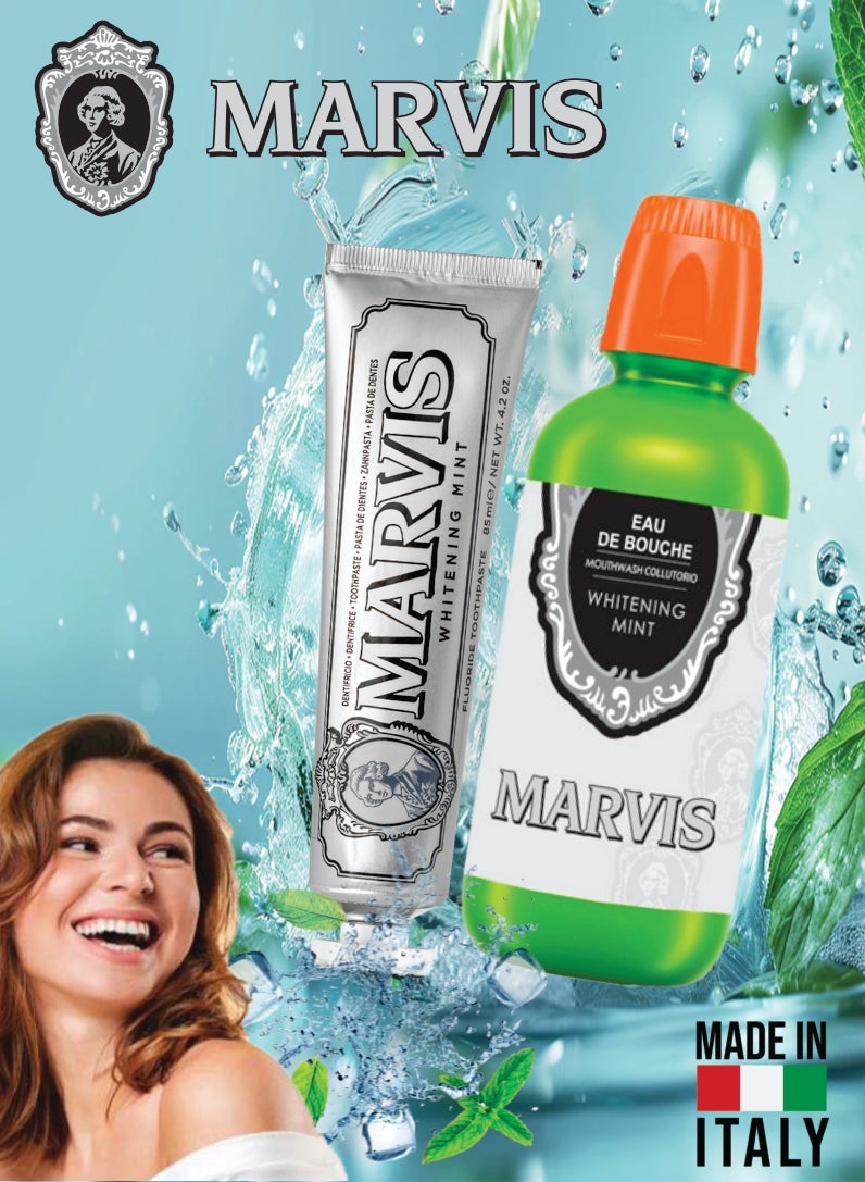 Marvis Oral Care Set – Whitening Mint Fluoride Toothpaste 85ml + Whitening Mint Mouthwash 400ml, Fresh Breath & Daily Hygiene - Image 2