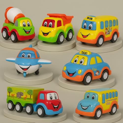GRAPHENE Kids Unbreakable Pull Back Vehicle Push and Go Crawling Vehicle Set of 7 Child Safe, Interesting and Engaging Power Friction Car Toy Set for Boys and Girl (Multicolour) - Image 1